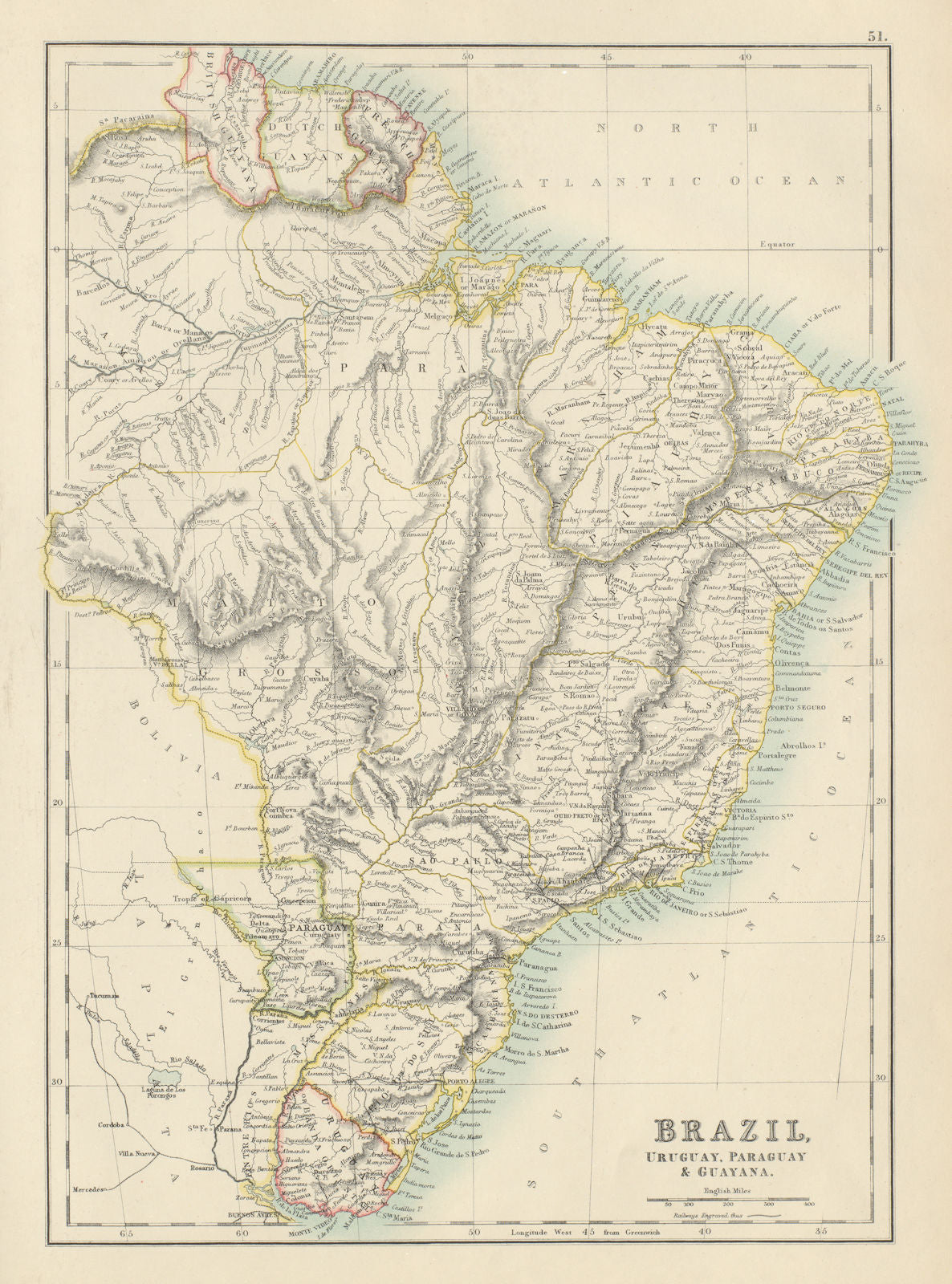 Brazil, Uruguay, Paraguay & Guayana. Guyanas. BARTHOLOMEW 1898 old antique map